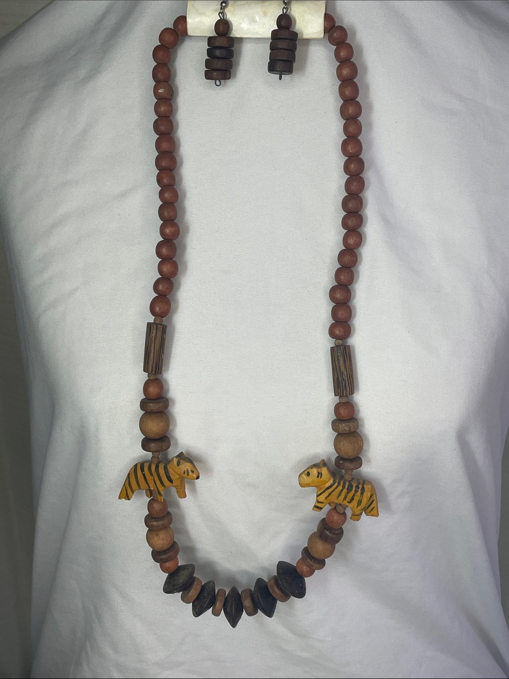 Wooden Bead Necklace & Matching Dangle Earrings - Brown